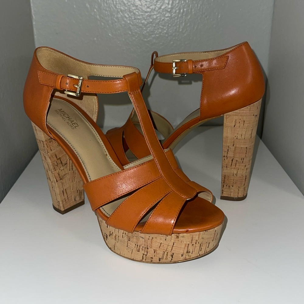 Michael Kors Tan Cork Platform T-Strap Heels